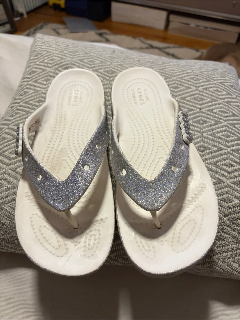 CROCS Women’s Glitter Platform Flip Flops - White/Silver